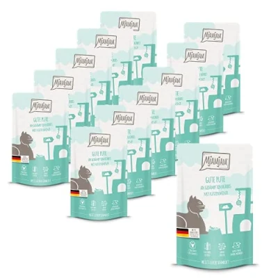 Imagen de MjAMjAM comida húmeda premium para gatos Quetschie buen pavo con calabaza al vapor, pack de 12 (12 x 125 g), sin cereales extra carne
