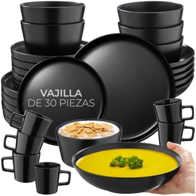 Imagen de tectake® vajilla completa para 6 personas, juego estilo urbano, gres esmalte, lavavajillas y microondas, vajillas completas modernas, platos vajilla, cuencos ceramica 30 Piezas Negro