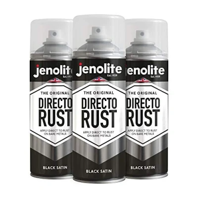 Imagen de JENOLITE DIRECTORUST Pintura en aerosol satinada NEGRO 3x400ml multisuperficie todo uno: metal, madera, plástico Aplicar directamente sobre el óxido RAL 9005