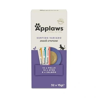 Imagen de Applaws 100 % Natural cremoso lickable sin Cereales Snack para Gatos y Gatitos, Pack Variedad, 32 x 15 g Sobres