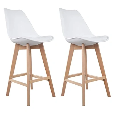 Imagen de Happy Garden Juego de 2 taburetes Bar SVEN Blancos con cojín. Estilo escandinavo Respaldo y reposapiés, Cocina, Patas Madera Haya Maciza.