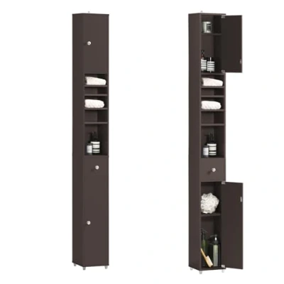 Imagen de SoBuy Mueble Columna de baño Armario para Alto Estanterías con 5 Estantes Abiertos 2 Puertas y 1 Cajón Marrón 20 x 180 cm BZR34 BR