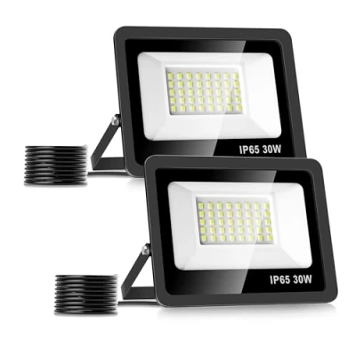 Imagen de Realky 30W Focos LED Exterior [2 Paquete], 6500K 3000LM Foco Proyector LED, IP65 Impermeable Blanco Frío Floodlight para Casa, Garaje, Patio, Terraza, Campo