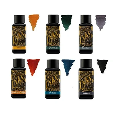 Imagen de Diamine Tinta para pluma estilográfica (30 ml, color básico, 6 botellas, Sepia, Green Black, Earl Grey, Ancient Copper, Crepúsculo, Jet Black