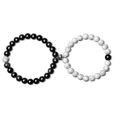 Imagen de COAI Pulseras de Larga Distancia para la Pareja Novios Howlita y Turquesa Africana Piedra Preciosa, Pulsera con Perla Magnética Plata Ley