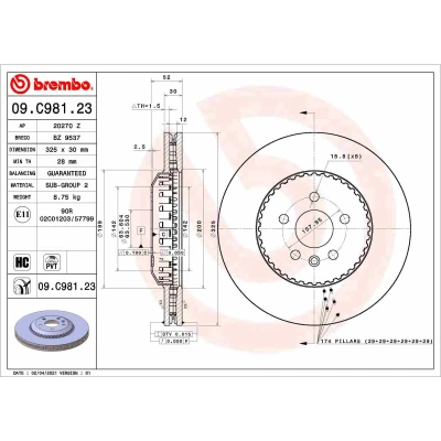 Imagen de BREMBO 09.C981.23 disco de freno 325 30 5 ventilación interna, dos piezas revestido altamente carbonizado