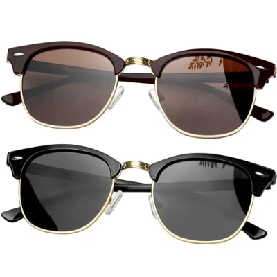 Imagen de KANASTAL 2 Pares Gafas de Sol Marrones Polarizadas Hombre y Mujer Medio Marco Clásico Retro Vintage Moda con Protección UV400 Doradas Marrón + Oro Negras