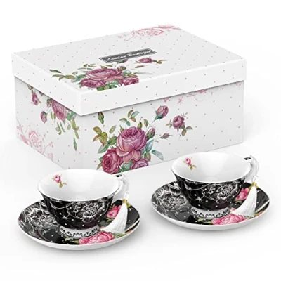 Imagen de London Boutique 2 Tazas platillo, Juego de té la Tarde New Bone China Vintage Flora Caja Regalo 200 m (Negro), Porcelana, 7 cm