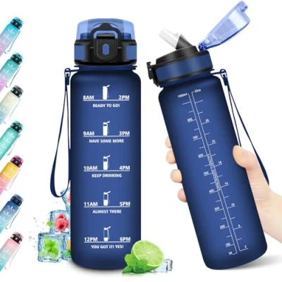 Imagen de Botella Agua 1L, con Pajita, Motivacional, Cantimplora Reutilizable, Marca de Tiempo, sin BPA, para Gimnasio, Oficina, Escuela, Sport, Bicicleta