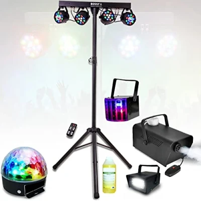 Imagen de Pack Luz Pie Soporte 4 Proyectores Par Strobo Derby Astro Máquina de humo con producto PA DJ Mobile Fiesta boda