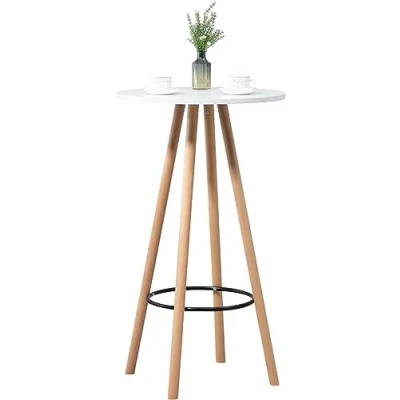 Imagen de CLP Mesa De Bar Livia con Tablero Redondo Madera I Auxiliar 4 Patas &amp; Reposapiés En Estilo Escandinavo, Color:Natural/Blanco