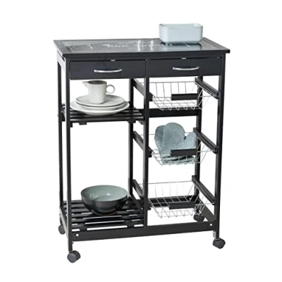 Imagen de WENKO carro de cocina «Bon Appetit», con ruedas y placa cristal motivo, ideal como servicio o estantería cocina, MDF, 67 x 86,5 35 cm, en color negro