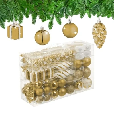 Imagen de Relaxdays Set 72 Bolas Árbol Navidad, Bolitas Navideñas Brillantes, con Purpurina y Mate, Botas, Corazón, Piñas, Dorado, 3 tamaños