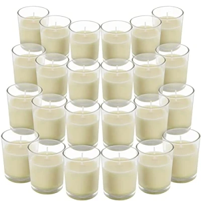 Imagen de Belle Vous Velas en Vaso Cristal (Pack de 24) Blancas Votivas sin Aroma 12 Horas Funcionamiento Portavelas Transparente Cera Vertida a Mano para Bodas, Spa, Hogar