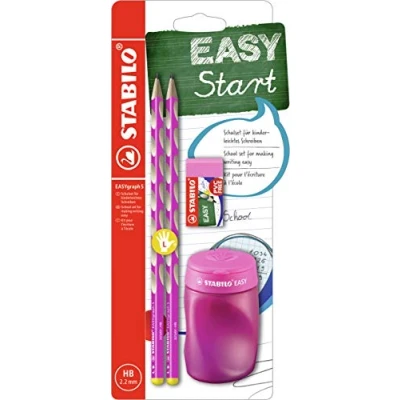 Imagen de STABILO, Lápiz de grafito ergonómico fino STABILO EASYgraph S, Set escolar para zurdos Con 2 unidades, sacapuntas y goma borrar, Color rosa