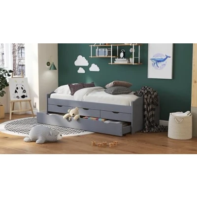 Imagen de Inter Link Cama Nido con almacenaje cajones Banco 2 Camas 90 x 200 cm 3 de Madera Maciza somier láminas Gris Lena