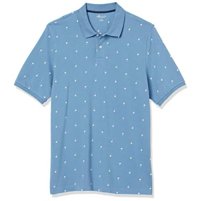 Imagen de Amazon Essentials Polo en piqué de algodón con Corte Regular (Disponible Talla Grandes y Largos Especiales) Hombre, Azul Blanco Estampado Palmeras, M