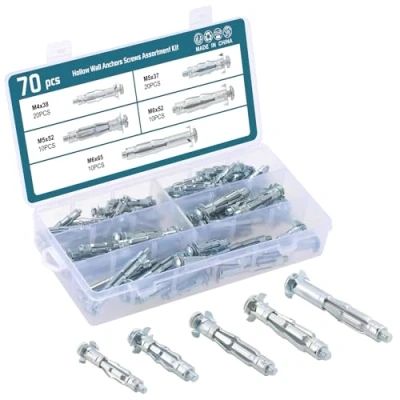 Imagen de HSEAMALL 70 juegos de tacos anclaje alta resistencia, tapones pared cavidad yeso, fijaciones metal huecas para la pared, clavijas M4 x 38 mm, M5,M6