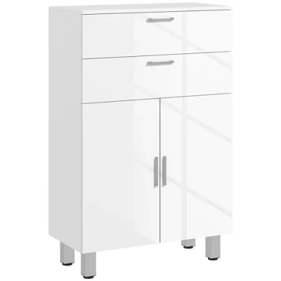 Imagen de kleankin Mueble Auxiliar Baño Moderno de con Estantes Ajustables y 2 Cajones Armario Almacenaje para Dormitorio Salón Antivuelco Carga 35 kg 60x30x93 cm Blanco Brillante
