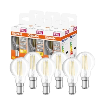 Imagen de OSRAM Lámina LED P40 de Star para base B15D, forma caída, FIL, 470 lúmenes, blanco cálido (2700k), reemplazo bombillas 40W convencionales, no dimmables, paquete 6