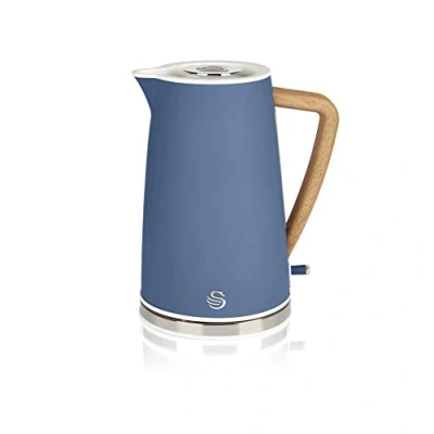Imagen de Swan Nordic Hervidor de agua eléctrico ultra rápido, inalámbrico sin cable, diseño moderno, 1,7 l, 2200 W, asa efecto madera, apagado automático, azul mate