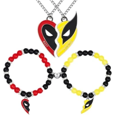 Imagen de 4 Piezas Conjunto Joyas Collar Amistad Pulsera, Classic Dead Pool Wolverine Best Friends Pulsera con Colgante de Placa Perro Roja y Amarilla BFF Regalos para Mejures Amigos