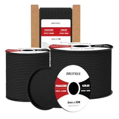 Imagen de Brotree Paracord 3mm 30M Cuerda 100% Nylon Tipo II 3 Hebras 425 para Exterior, Bricolaje 192 kg Carga de Rotura (Negro)