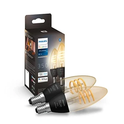 Imagen de Philips Hue Bombilla LED inteligente Filamento E14 Vela, Luz Blanca de Cálida a Fría 4.6W (Eq. 30W) 350 lúmens, Compatible con Alexa y Google Home Pack 2 bombillas inteligentes