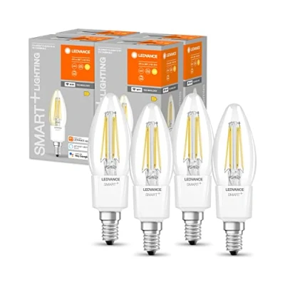Imagen de LEDVANCE Bombilla LED inteligente con tecnología Wifi, casquillo E14, regulable, blanco cálido (2700K), forma de vela, filamento transparente, controlable Alexa, Google y App, paquete 4