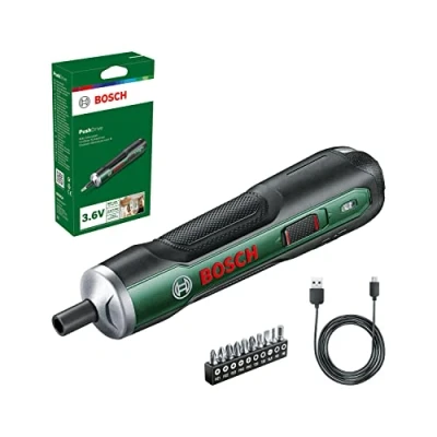 Imagen de Bosch Home and Garden destornillador a batería PushDrive set de iniciación (3,6 V, 1,5 Ah, 5,0 Nm, 10 brocas, con cable carga micro USB, en caja cartón)