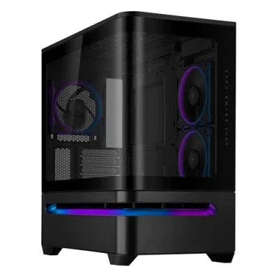 Imagen de ASUS Prime AP202 ARGB Caja mATX, Cristal Curvado Templado, Compatible con gráficas de hasta 420 mm, radiadores 360 raíl fácil extracción, ventilación Ranura, Ventiladores ARGB, Negro
