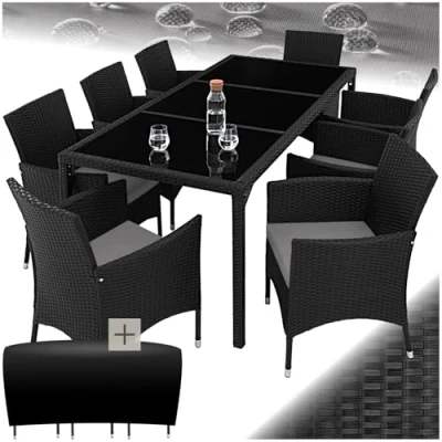 Imagen de TecTake® Conjunto Jardín Exterior de Ratán y Acero con Cojines, Muebles Resistentes a Intemperie, para hasta 8 Personas, Fácil Limpieza, 2 Fundas Protectoras Negro/Gris