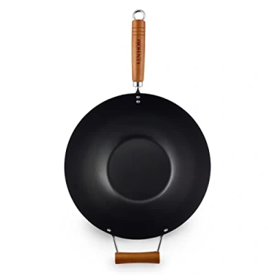 Imagen de Ken Hom Wok Acero Carbono Antiadherente, 35cm, Classic, Sartén Sin Inducción/Con Mango de Madera/Base Plana, No Apto Para Lavavajillas, 2 Años Garantía, KH335001