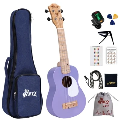 Imagen de Winzz Ukelele Soprano Infantil, Set para Niños y Adulto Principiante, con 9 Accesorios, 21 Pulgadas 4 Cuerdas (Color: Violeta, Madera)