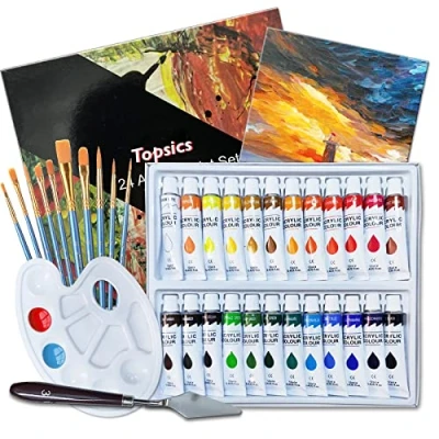 Imagen de Topsics 37 IN 1 Kit de Pintura Acrílica 24 x 12 ml, con Pincel, Paleta Mezcla, Lienzo y Raspador, Perfecto Para Lienzo, Madera, Tela