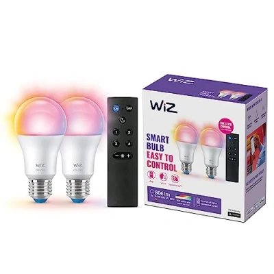 Imagen de WiZ Pack de 2 bombillas con mando a distancia Luz color y blanca Bombilla LED inteligente E27 60 W Conecta Wi Fi Fácil controlar