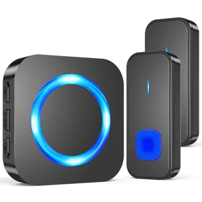 Imagen de SURFOU Timbre Inalámbrico Exterior Impermeable, Kit Doorbell Puerta para Casa 400M de Alcance con 55 Melodías, 5 Niveles Volumen, Indicador LED, 2 Transmisor 1 Enchufable Receptor Negro