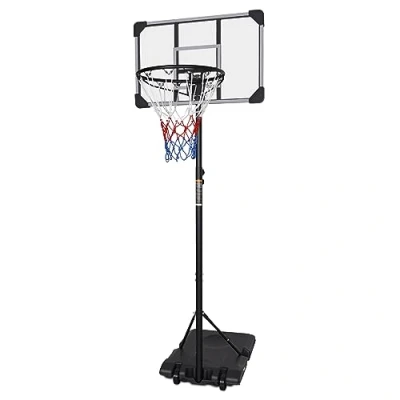 Imagen de FUNJEPE Aro de baloncesto portátil altura ajustable 7 pies y soporte con sistema tablero transparente para interiores exteriores, 165 213 cm