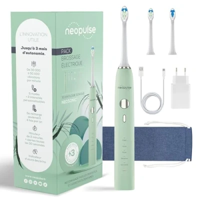 Imagen de NEOPULSE® NEOSONIC® cepillo de dientes eléctrico con tecnología sónica + 2 cabezales Recargable USB 3 meses duración 15 ajustes Temporizador Compatible NEOKIDS®