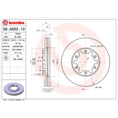 Imagen de BREMBO 09.A055.10 Disco de freno 306 32 6 ventilación interna NISSAN: Patrol GR 5 SUV