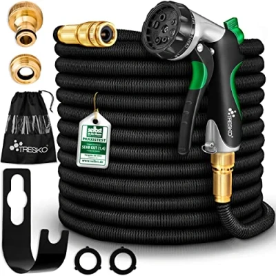 Imagen de TRESKO® Manguera Flexible de jardín 7.5M, con Triple Capa látex, riego Extensible, Boquilla multifunción Incl. Colgador Metal