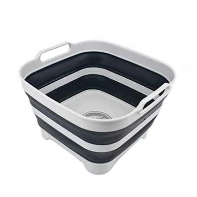 Imagen de SAMMART Sartén plegable de 10 litros con tapón drenaje, lavabo plegable, tina portátil para lavar platos, bandeja almacenamiento cocina que ahorra espacio (gris/gris pizarra, 1)