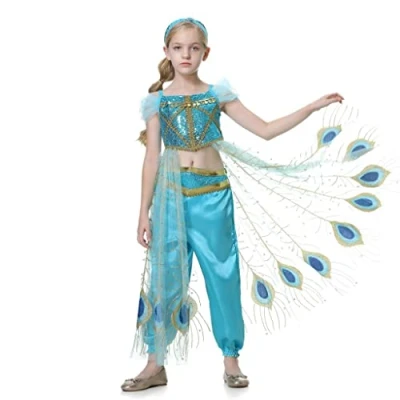 Imagen de Lito Angels Disfraz Vestido de Princesa Jazmin para Niñas, Conjunto Top con Capa Tren Pavo Real y Pantalones, Talla 5 a 6 años, Estilo G