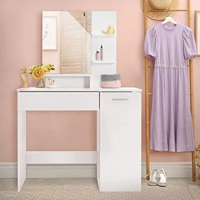 Imagen de ML Design Tocador De Maquillaje Blanco Moderno con Espejo 90 x 38 138 cm Cajón Y Estantes Mueble Bajo Tablero Aglomerado Revestido MDF Juego Mesa