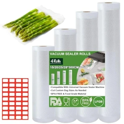 Imagen de Omtofo Bolsas de envasado al vacío, 15/20/25/28 x 300cm/rollo, vacío para Alimentos, sin BPA, 150 µm, Rollo lámina Todas Las envasadoras microondas y Sous