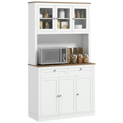 Imagen de HOMCOM Alacena de Cocina Mueble Auxiliar Armario con 3 Puertas Vidrio Compartimento Abierto 2 Cajones y Estantes Ajustables 100x40x180 cm Blanco
