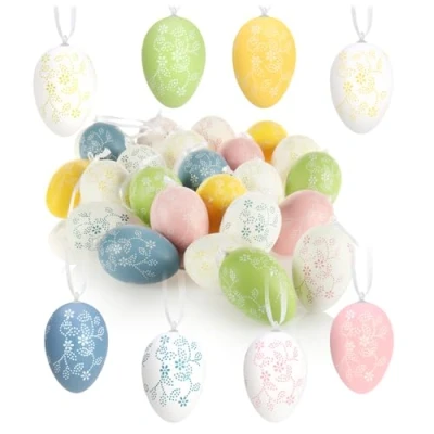 Imagen de com four® 24x Huevos de Pascua plástico para Colgar Perchas el Ramo en Colores Vivos con Motivo Floral (24 Piezas Colorido Flores)
