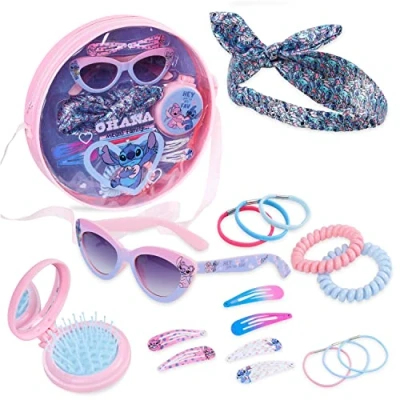 Imagen de Disney Set Bolso niñas con Diadema, Gafas de Sol y Accesorios para el Cabello Regalos (Rosa/Azul Stitch)