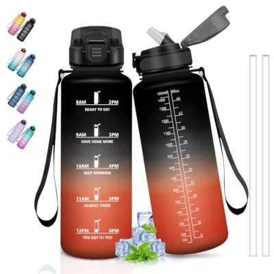 Imagen de Botella Agua 1.5 litros Gimnasio con Pajita, Motivacional, Marca de Tiempo, Grande, Cantimplora Deporte para Gimnasio, Acampar, Senderismo, Outdoor