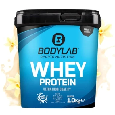 Imagen de Bodylab24 Whey Protein Powder Vainilla 1kg, polvo rico en proteína para músculos más fuertes, la de suero puede promover construcción músculo, con 80% proteína, sin aspartamo